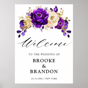 Affiche Royal Purple Violet Gold Floral  Wedding Welcome
