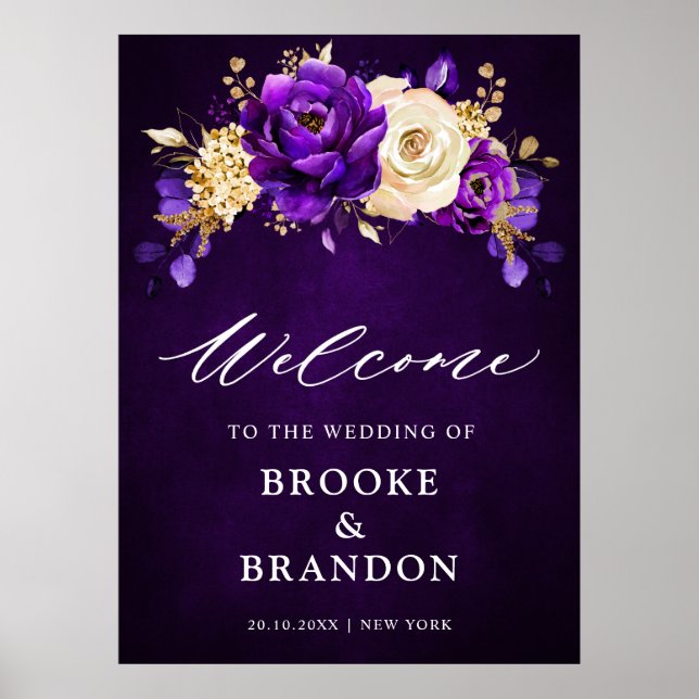 Affiche Royal violet violet or Mariage Floral Welcome P (Devant)