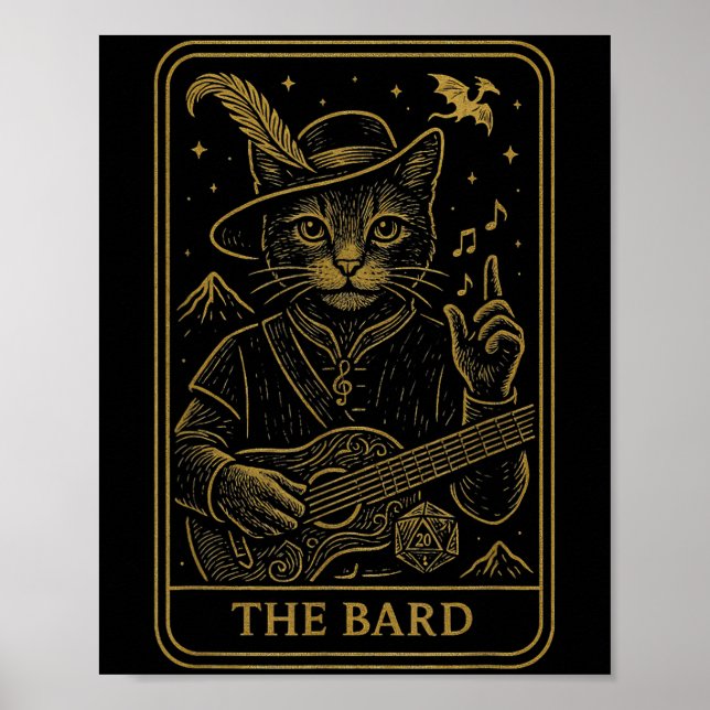 Affiche Rpg Gamer Le Bard D20 Dice Nerdy Geek Chat Hommes  (Devant)
