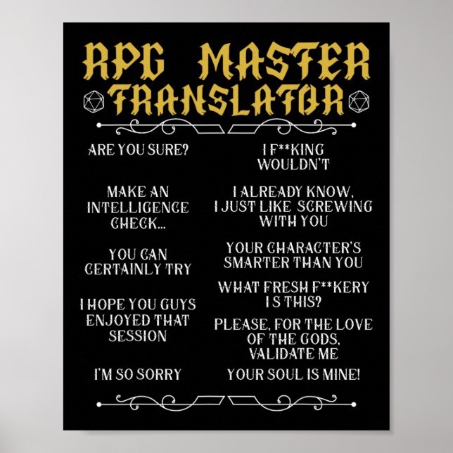 Affiche Rpg Master Translator D20 Tabletop Games Funny Rpg (Devant)