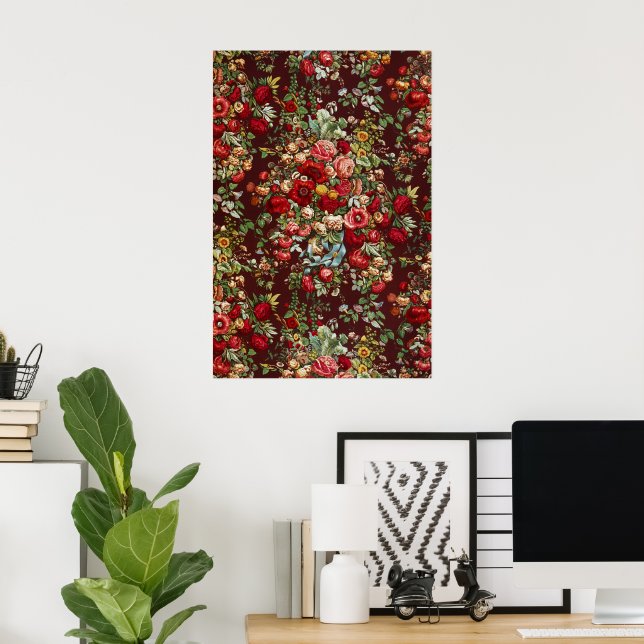 Affiche Ruban à motif floral de rose victorienne bordeaux  (Bureau à domicile)