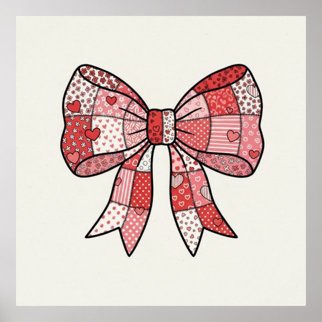 Affiche Ruban à nœud patchwork rose rouge romantique Dessi (Devant)