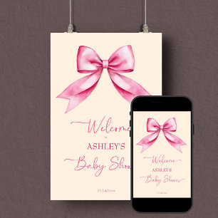 Affiche Ruban rose baby shower élégant signe d'accueil
