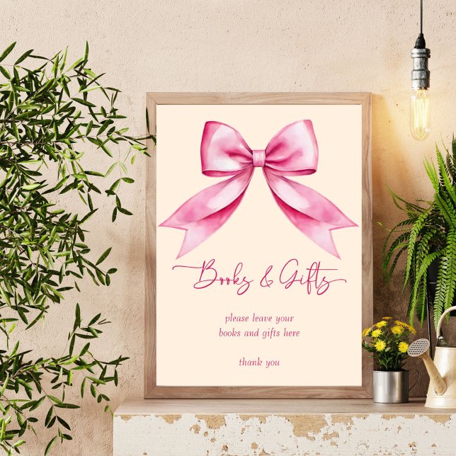 Affiche Ruban rose baby shower livres cadeaux signe (Pink bow ribbon baby shower books gifts table sign editable template download personalized decor)