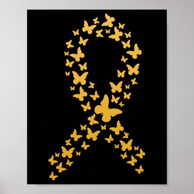 Affiche Rubans Papillons Dorés Mignons Cancer de l'Enfance (Devant)