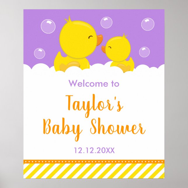 Affiche Rubber Ducky Jaune et Violet Baby shower Bienvenue (Devant)
