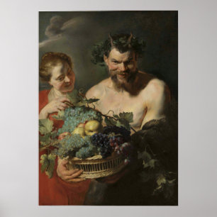 Affiche Rubens - Satyr & Nymphe avec des raisins et des Qu