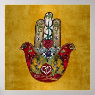 Affiche Ruby Pomegranate Heart Red Bird Hamsa
