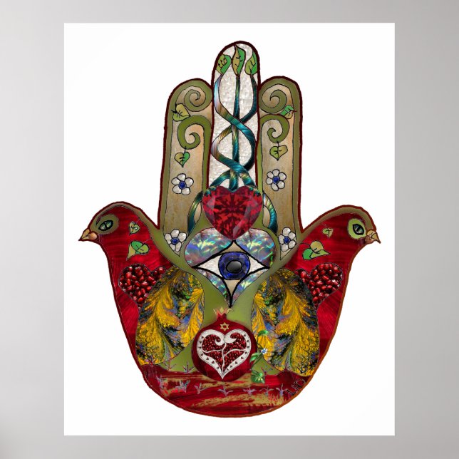 Affiche Ruby Pomegranate Heart Red Bird Hamsa (Devant)
