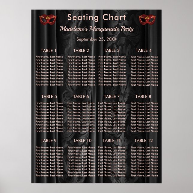 Affiche Ruby Red Masquerade Black Damask 12 Tables Seating (Devant)