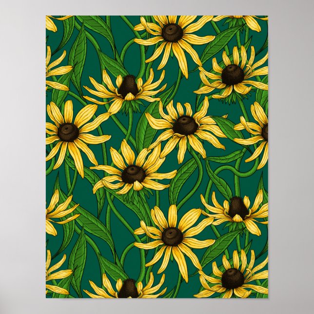 Affiche Rudbekia jaune sur vert foncé (Devant)