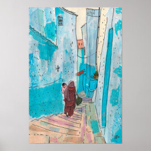 Affiche Rue de Chefchaouen Maroc Papier Collage Croquis