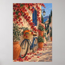 Rue de village en automne avec vélo et citrouilles