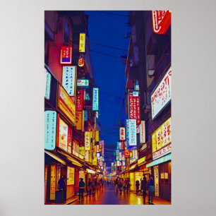 Affiche Rue de ville japonaise la nuit 