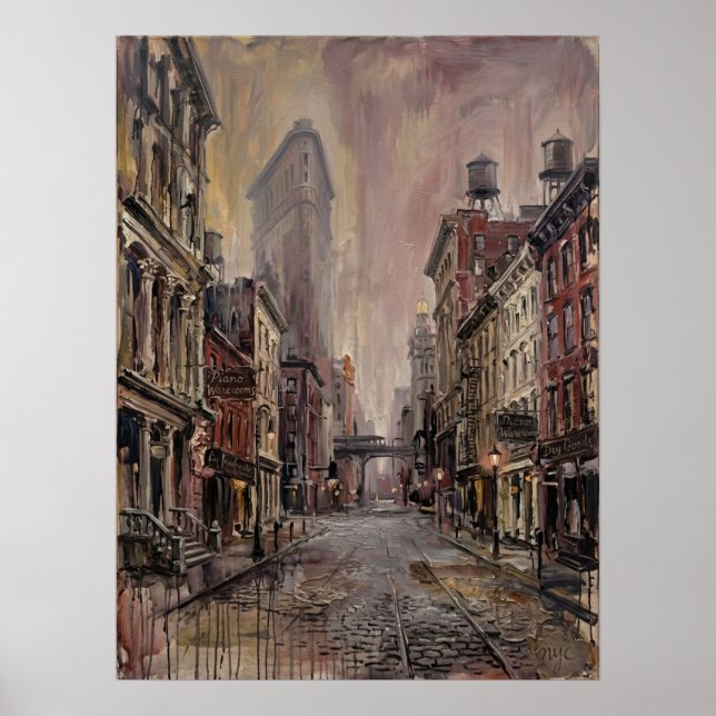 Affiche Rue du Flatiron District avec des rails en pavés (Devant)