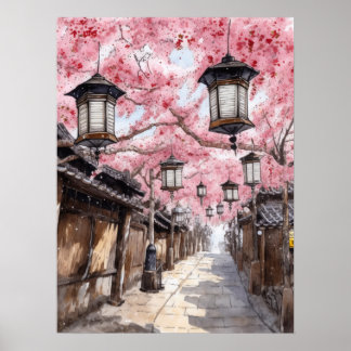 Affiche Rue japonaise avec les cerisiers en fleurs