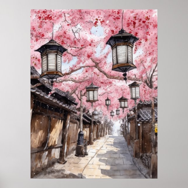 Affiche Rue japonaise avec les cerisiers en fleurs (Devant)