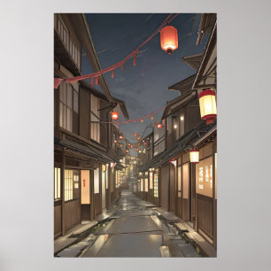 Affiche Rue Japonaise Historique Avec Lanternes