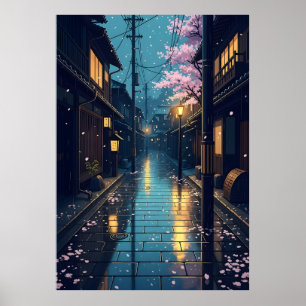 Affiche Rue Japonaise sous la Pluie, Cerisiers en Fleurs e
