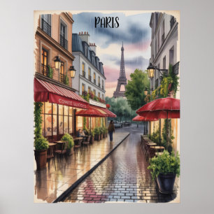 Affiche Rue romantique de Paris Tour Eiffel Aquarelle