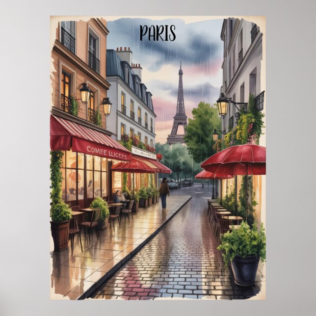 Affiche Rue romantique de Paris Tour Eiffel Aquarelle (Devant)