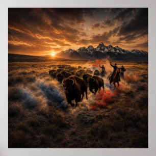 Affiche Ruée de buffles de l'Ouest au coucher du soleil