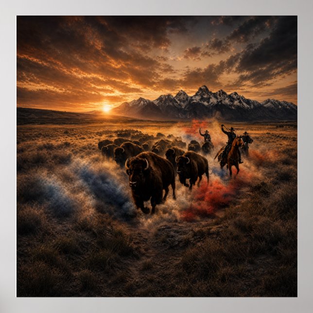 Affiche Ruée de buffles de l'Ouest au coucher du soleil (Devant)