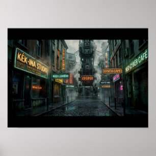 Affiche Ruelle Cyberpunk Pluvieuse Néon Tour Steampunk