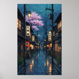 Affiche Ruelle japonaise nuit pluvieuse anime cozy fleuris
