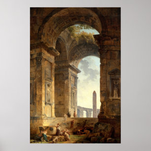 Affiche Ruines avec un obélisque par Robert Hubert