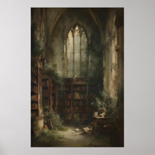 Affiche Ruines de bibliothèque envahies de livres et de li