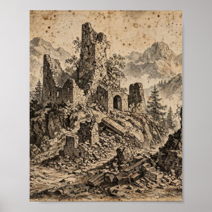 Affiche Ruines de l'Estampe du Donjon Déchu — Dessinée à l