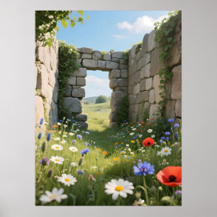 Affiche Ruines de mur de pierre Prairie Fleurs Art