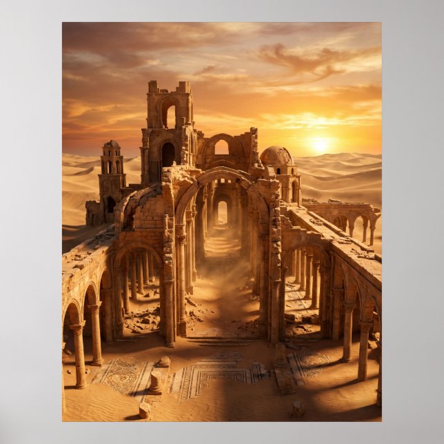 Affiche Ruines du palais du désert au coucher du soleil (Devant)