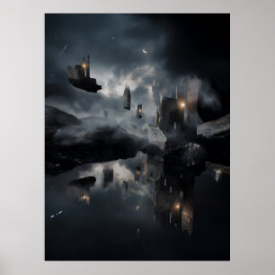Affiche Ruines gothiques flottantes Miroir cosmique Nuit