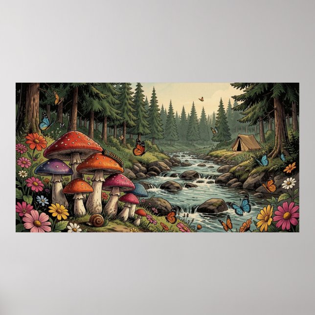 Affiche Ruisseau capricieux de la forêt avec champignons,  (Devant)