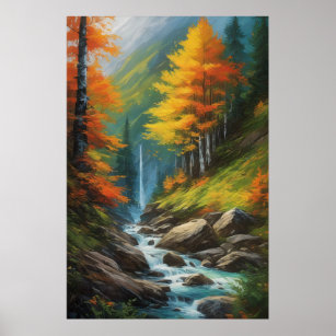 Affiche Ruisseau dans la forêt d'automne animée
