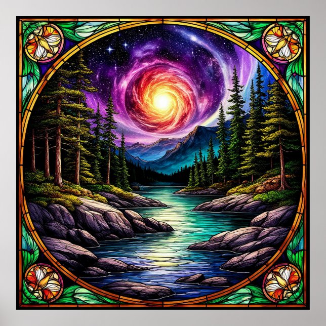 Affiche Ruisseau de forêt sous ciel nocturne cosmique (Devant)