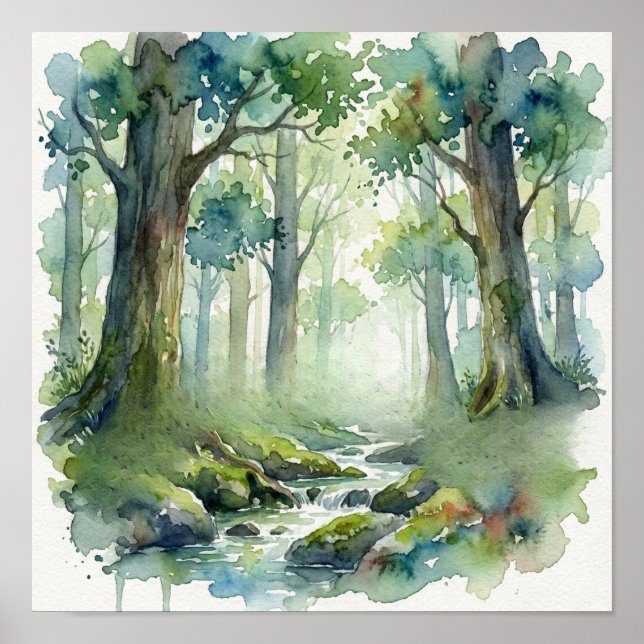 Affiche Ruisseau de la Forêt Enchantée : Aquarelle verte é (Devant)