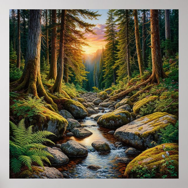 Affiche Ruisseau Tranquille de la Forêt au Coucher du Sole (Devant)