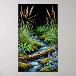 Affiche Ruisseau tranquille de la forêt avec des fleurs sa