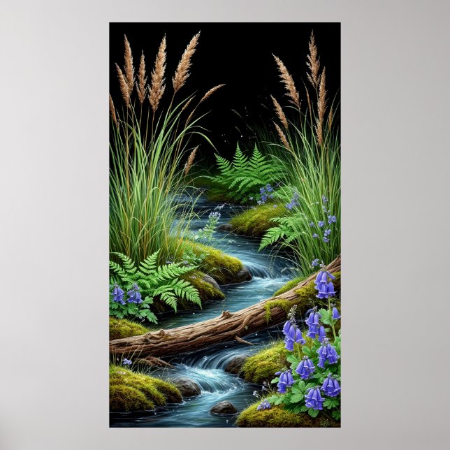 Affiche Ruisseau tranquille de la forêt avec des fleurs sa (Devant)