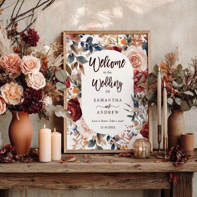 Affiche Russe Bourgogne Automne Floral Boho Mariage Bienve (Rustic Burgundy Fall Floral Boho Wedding Welcome Poster)