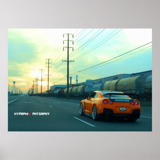 Affiche "Rust" Nissan GT-R en zone industrielle au coucher (Devant)
