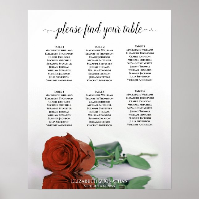 Affiche Rust Orange Rose 6 Table Wedding Seating Chart (Devant)