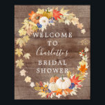 Affiche Rustic Automne Citrouille Fête des mariées Bienven<br><div class="desc">Rustique bienvenue à votre invité avec notre belle douche nuptiale affiche d'accueil avec une feuille et une couronne de citrouille. Visitez notre boutique pour voir notre collection de feuilles d'automne et de citrouilles.</div>