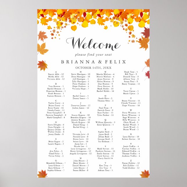 Affiche Rustic Autumn Leaves Wedding Seating Chart (Devant)