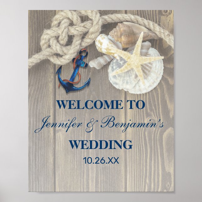 Affiche Rustic Beach Shell Navy Ancre Mariage nautique (Devant)