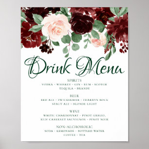 Affiche Rustic Blooms Menu des boissons rouge marsala te