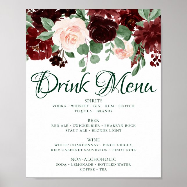 Affiche Rustic Blooms | Menu des Boissons Rouge Marsala Te (Devant)